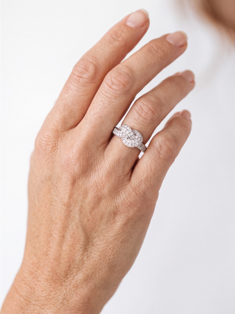 Diamonique Silver Pretzel Love Knot Ring with stimulated Diamond  Stones